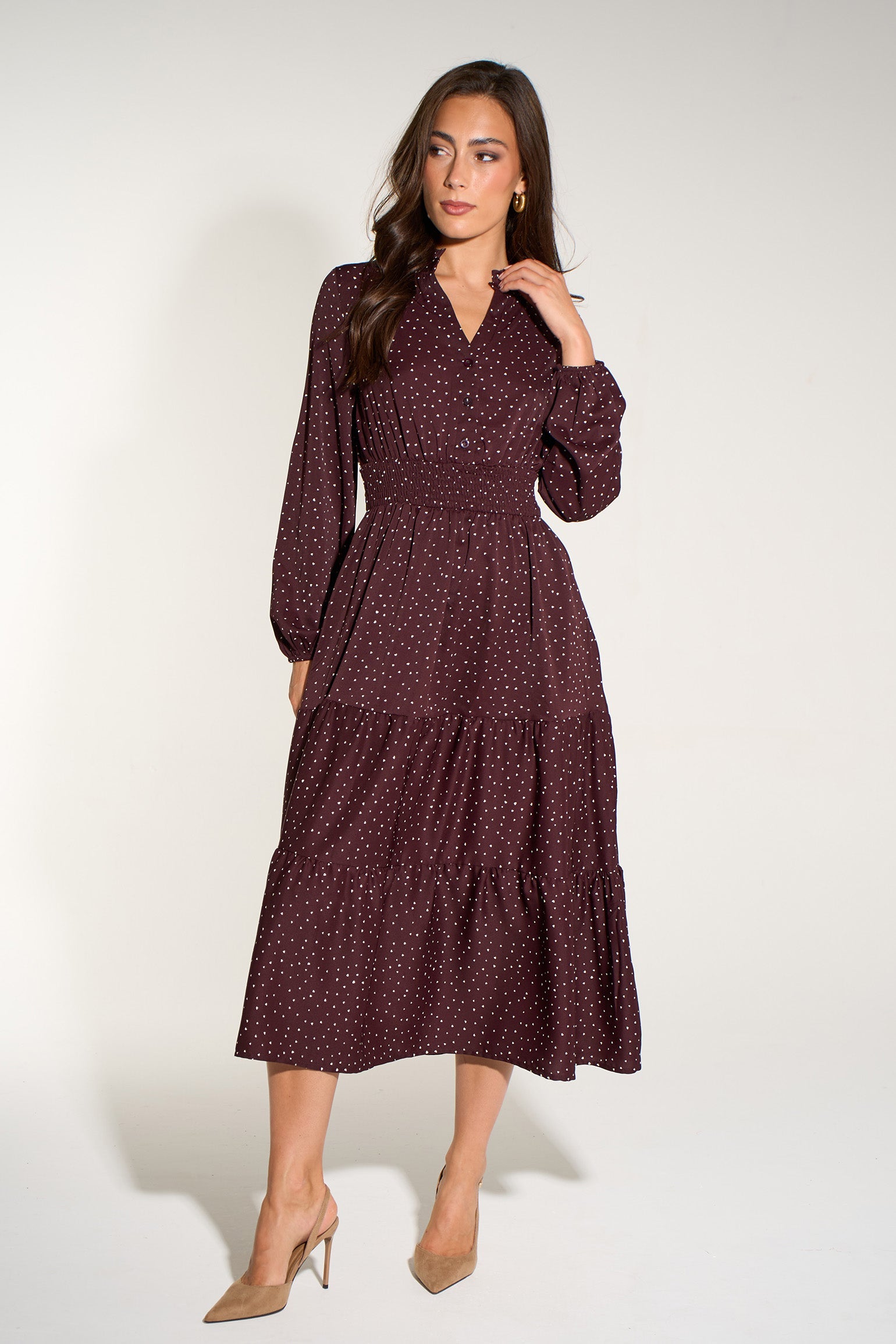 Silk-Feel-Heart-Print-V-Neck-Tiered-Dress-in-Berry