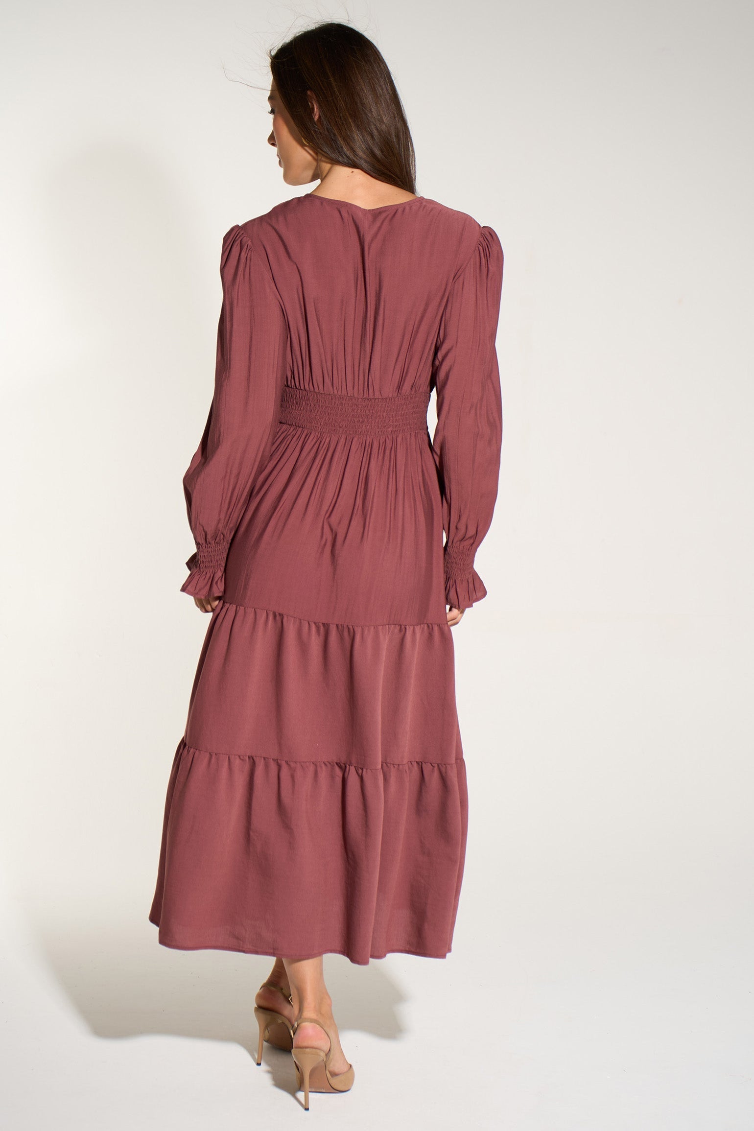 Plain-V-Neck-Tiered-Dress-in-Berry