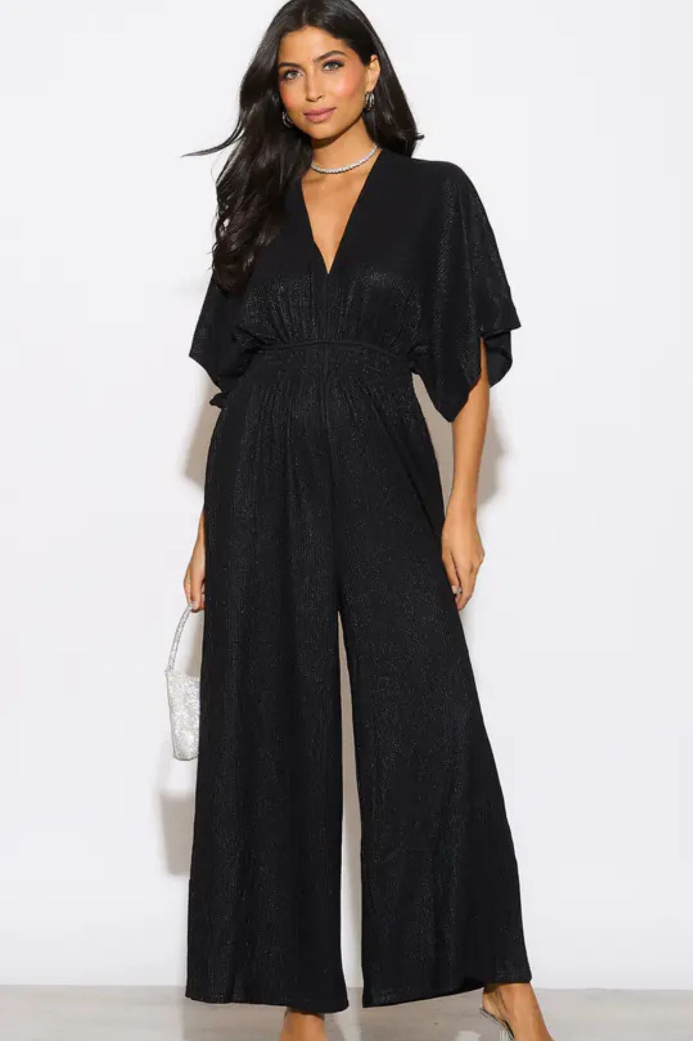 Scarlett V-Neck Jumpsuit - Black, Pleated