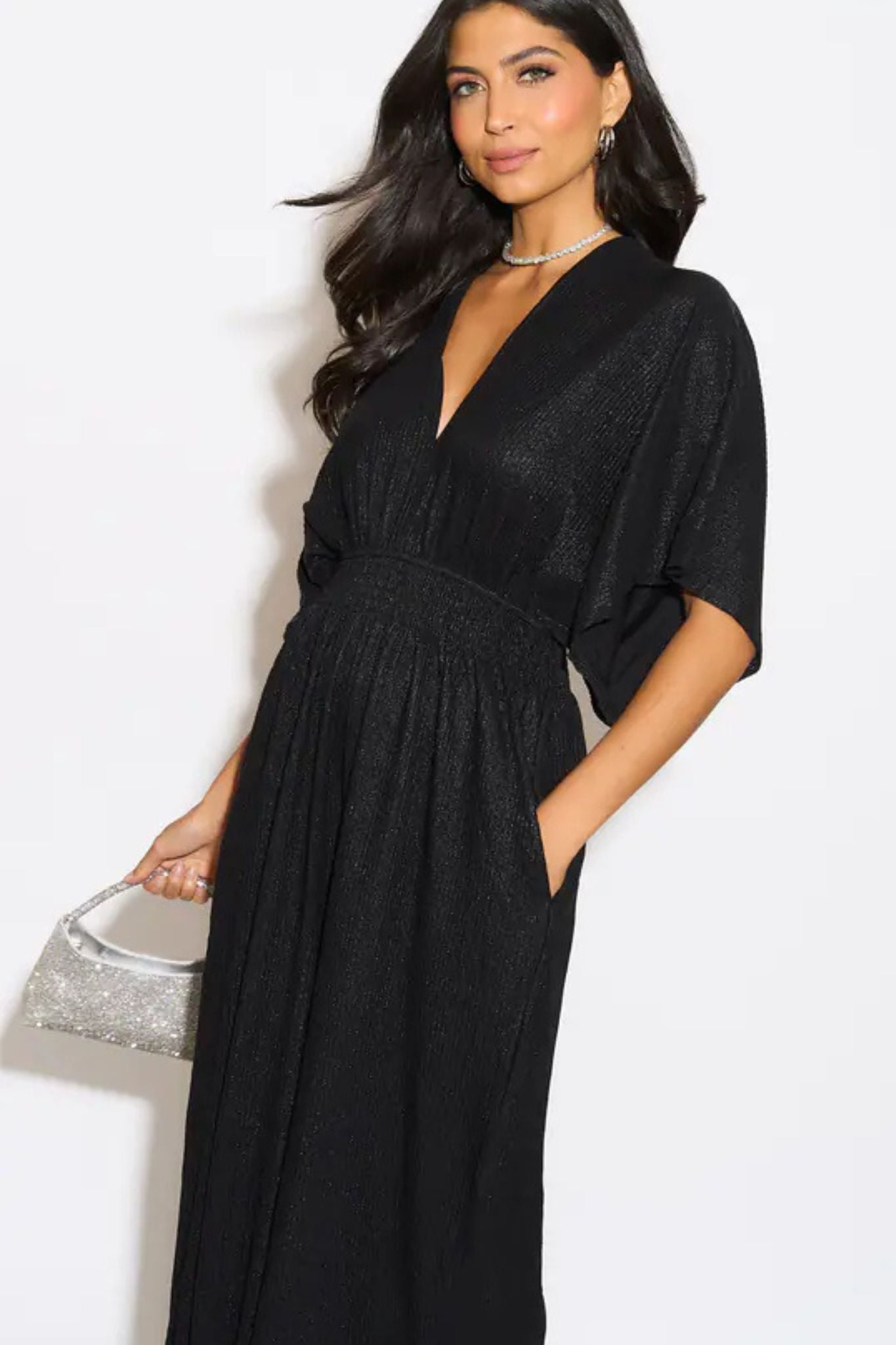Scarlett V-Neck Jumpsuit - Black, Pleated