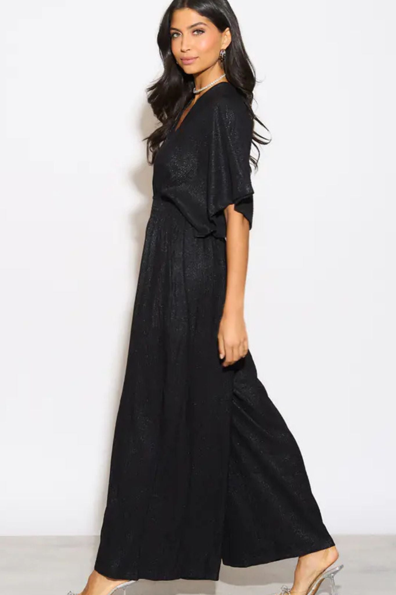 Scarlett V-Neck Jumpsuit - Black, Pleated