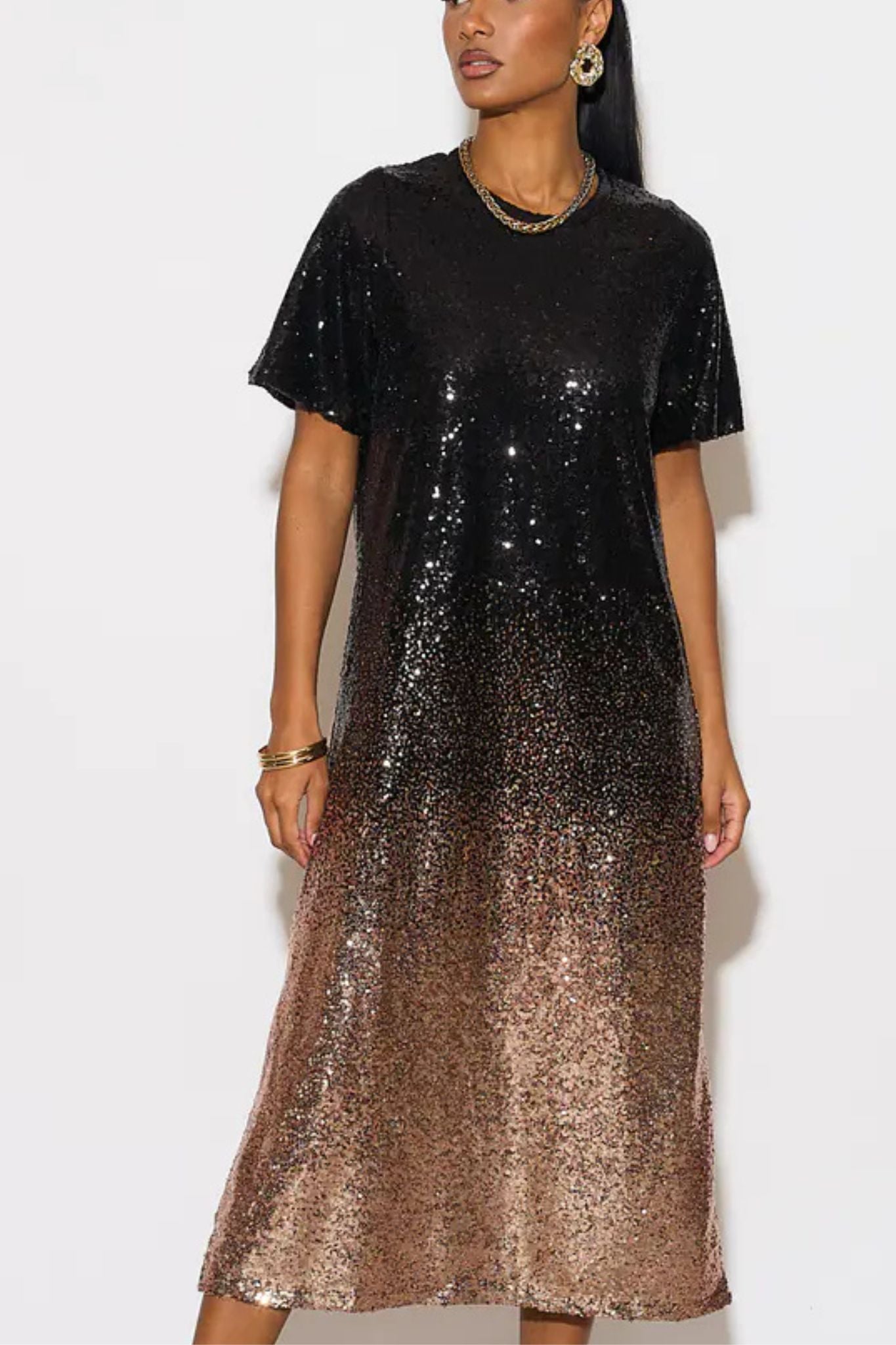 Celeste Midaxi T-Shirt Dress - Black/Bronze, Sequin