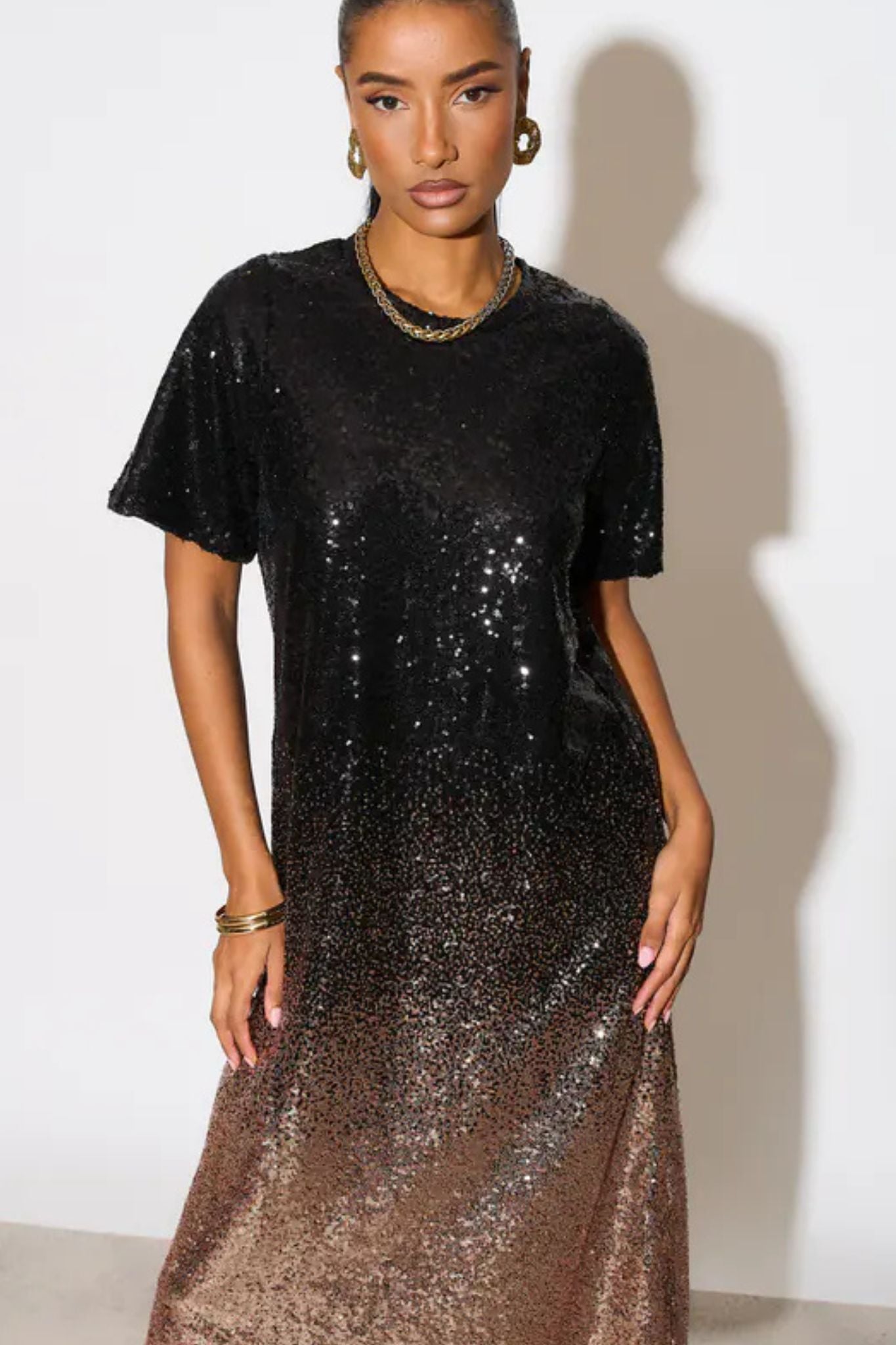 Celeste Midaxi T-Shirt Dress - Black/Bronze, Sequin