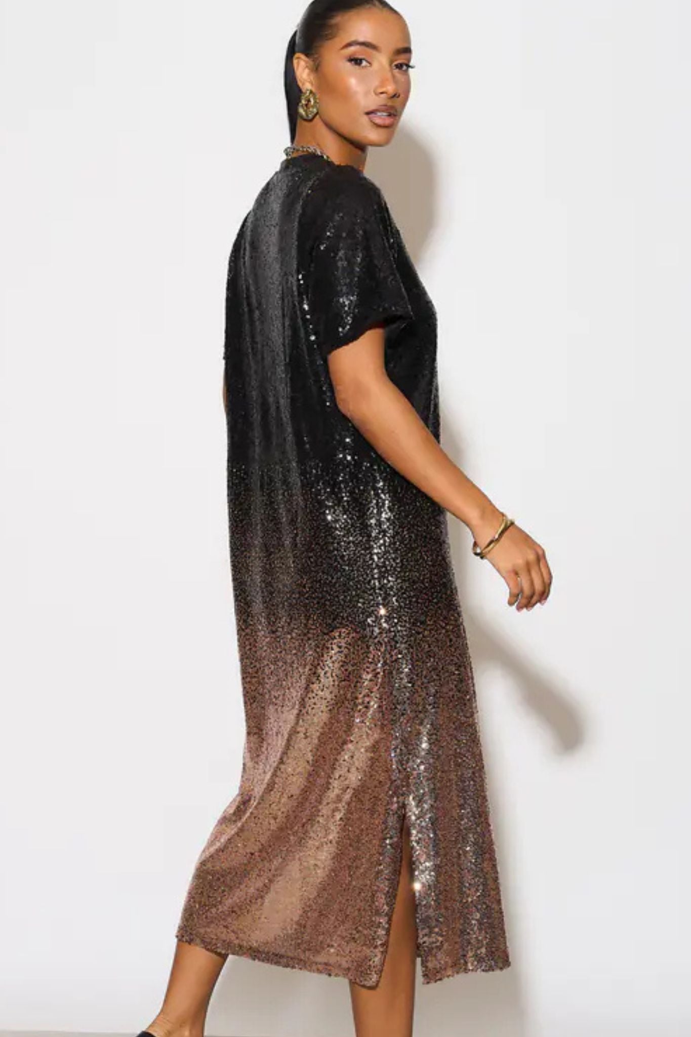 Celeste Midaxi T-Shirt Dress - Black/Bronze, Sequin