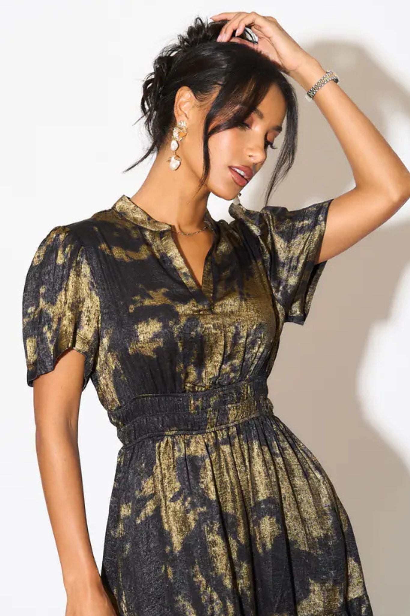 Roxy Tiered Maxi Dress - Black/Gold, Metallic Oil Slick