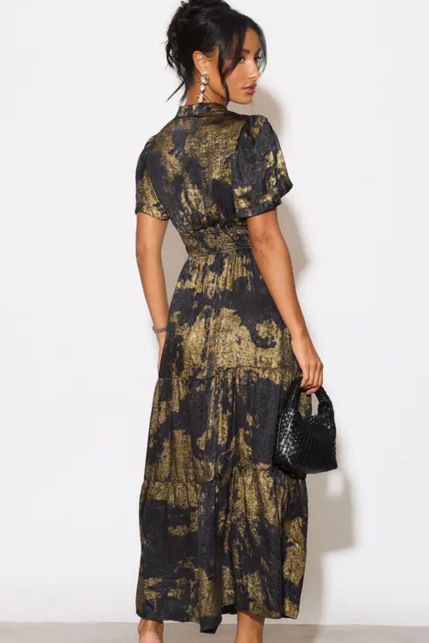 Roxy Tiered Maxi Dress - Black/Gold, Metallic Oil Slick