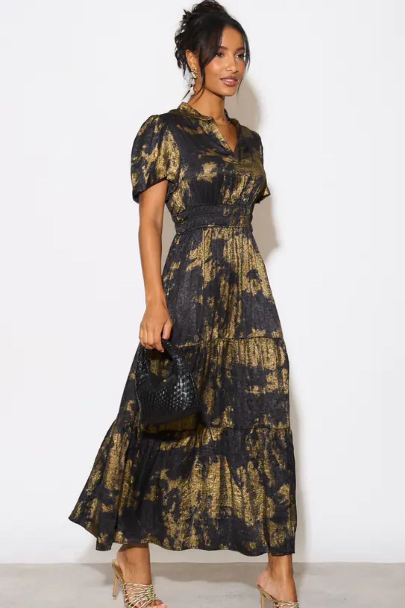 Roxy Tiered Maxi Dress - Black/Gold, Metallic Oil Slick