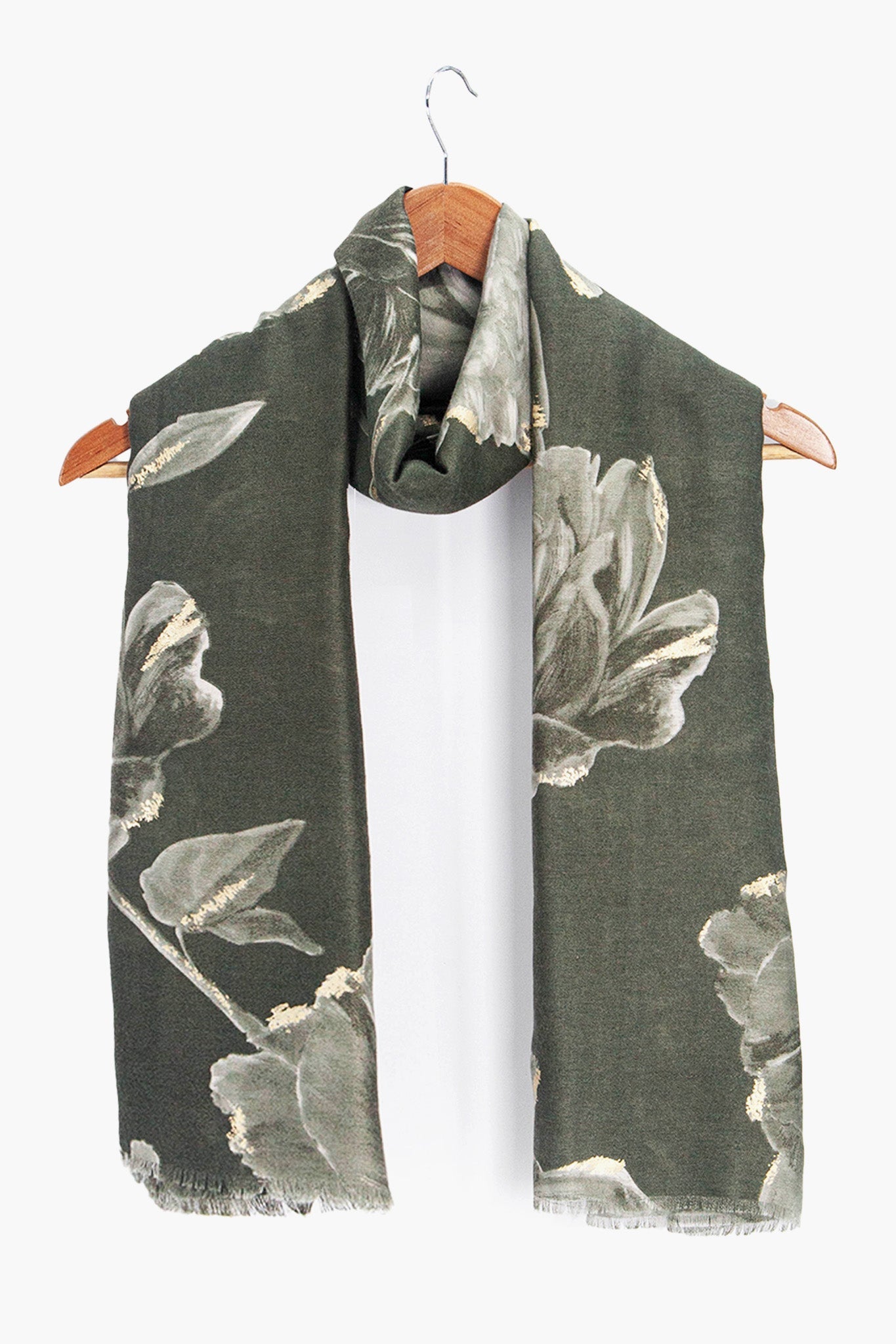 eleanor-khaki-abstract-floral-lightweight-scarf-draped-around-coat-hanger