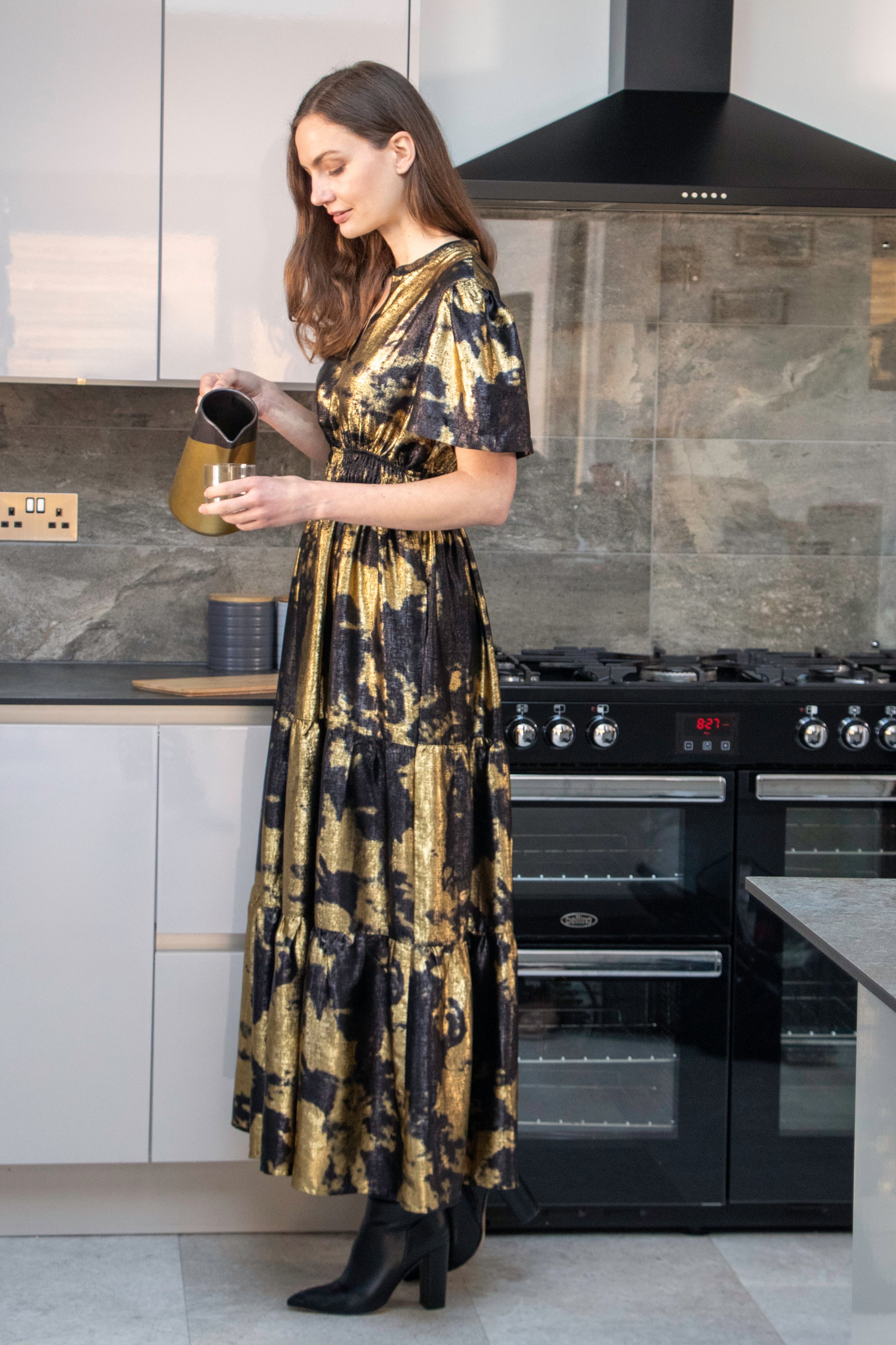 Sarta Women's Roxy Black Gold Metallic Oil Slick Tiered Maxi Dress | Size: Small Sarta Women's Roxy Black Gold Metallic Oil Slick Tiered Maxi Dress | Size: Small